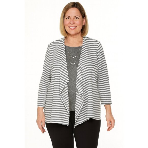Alfred Dunner Women’s Size L Gray & White Stripe 2-Piece Top with Necklace - Picture 6 of 6